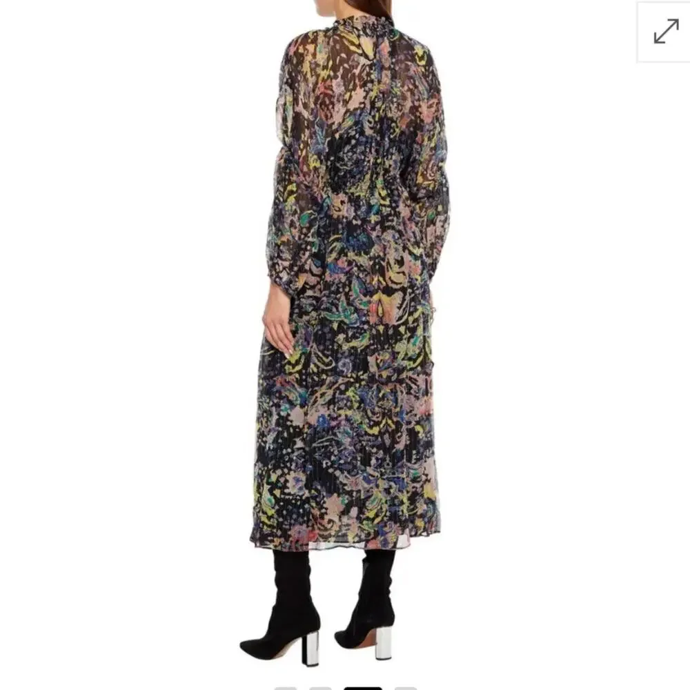 IRO Paris Ramona Dress Ruffle Trimmed Metallic Printed Chiffon Midi 40 - Picture 2 of 11